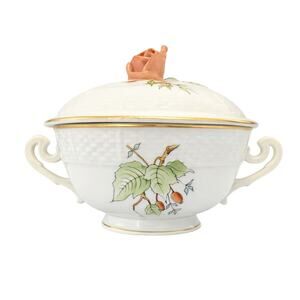 Herend China HER16 Rosehips Sugar Bowl w Rose Lid Green Leaves RedBerries Hungar